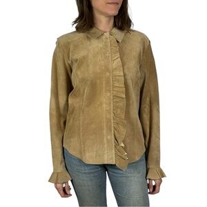MARGARET GODFREY STYLE 8776 RUFFLE FRONT SUEDE LEATHER SNAP SHIRT JACKET SHACKET